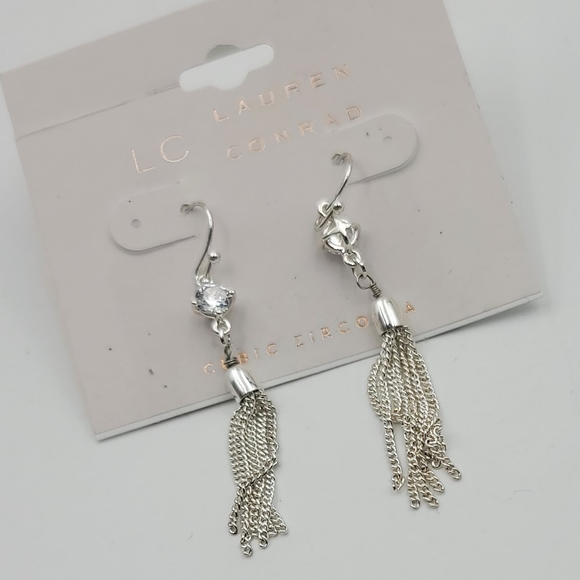 Lauren Conrad silver chain tassel earrings cubic zirconia - Picture 3 of 4